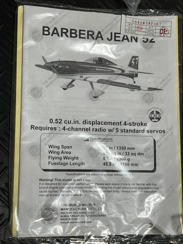 The World Models. Barbera Jean 52. Sport Scale Racing Model.  ARF Kit. (Code 091) (SOLD) - Image 10